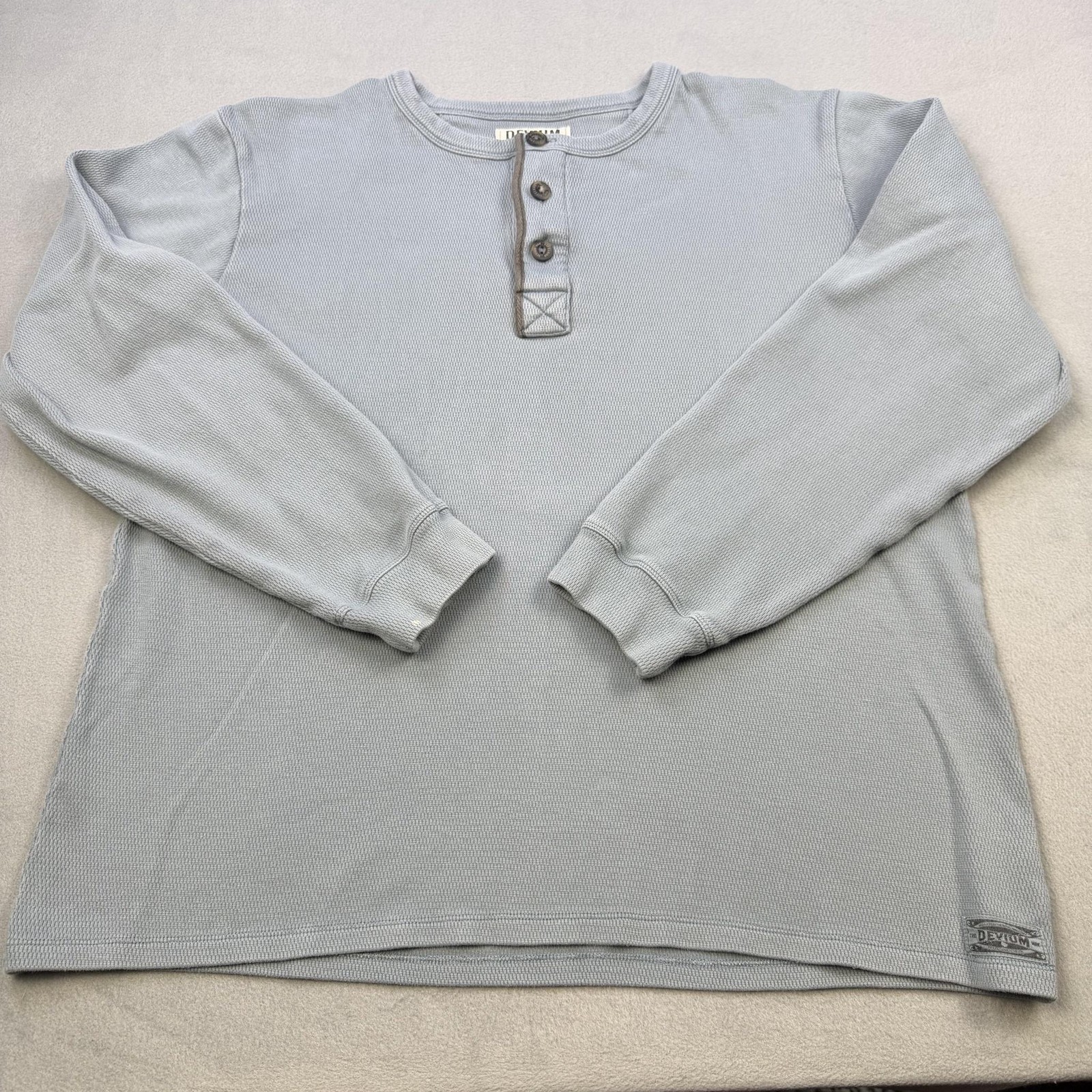 Devium Henley Shirt Mens XL Blue Thermal Waffle Knit Long Sleeve Tee Made USA