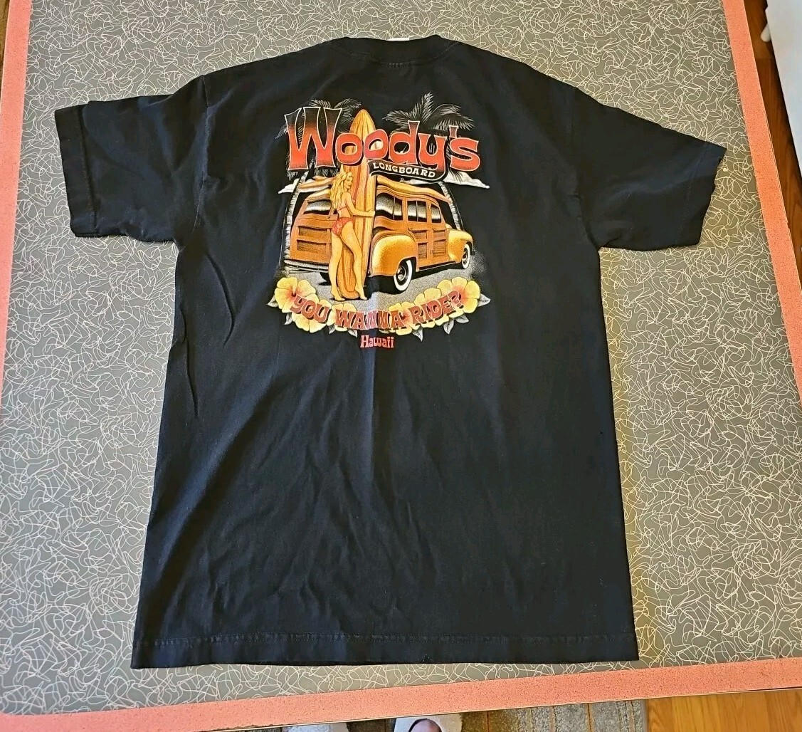 AAA ALSTYLE medium black T Shirt Mens “Woody’s Longboard” Hawaii You Wanna Ride?