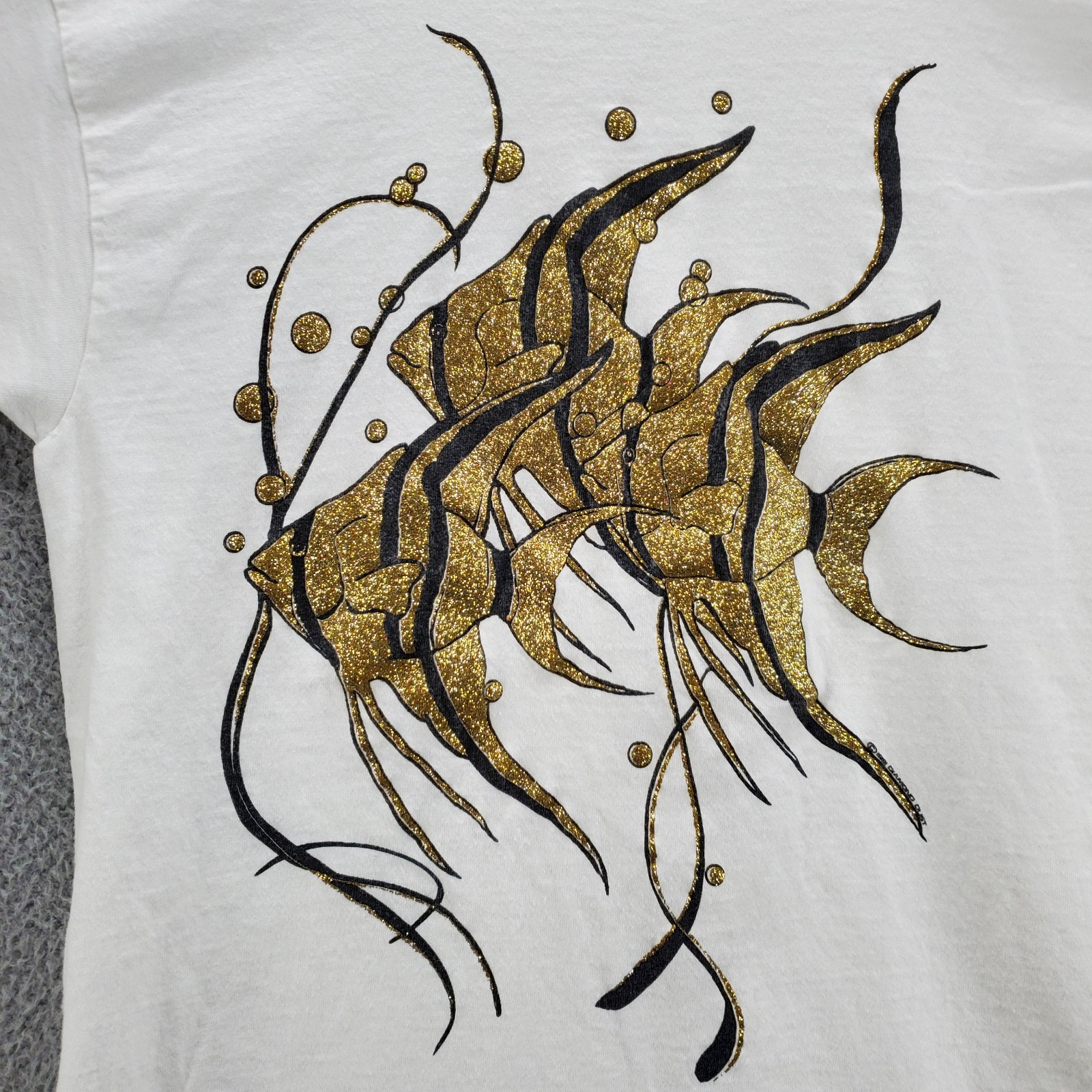 Vintage Diamond Dust Angel Fish T Shirt Medium Glitter White Single Stitch gallery