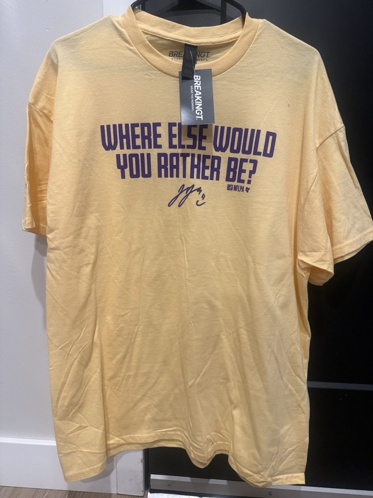 BreakingT J.J. McCarthy Vikings Tee XL Yellow “Where Else” NFLPA NWT