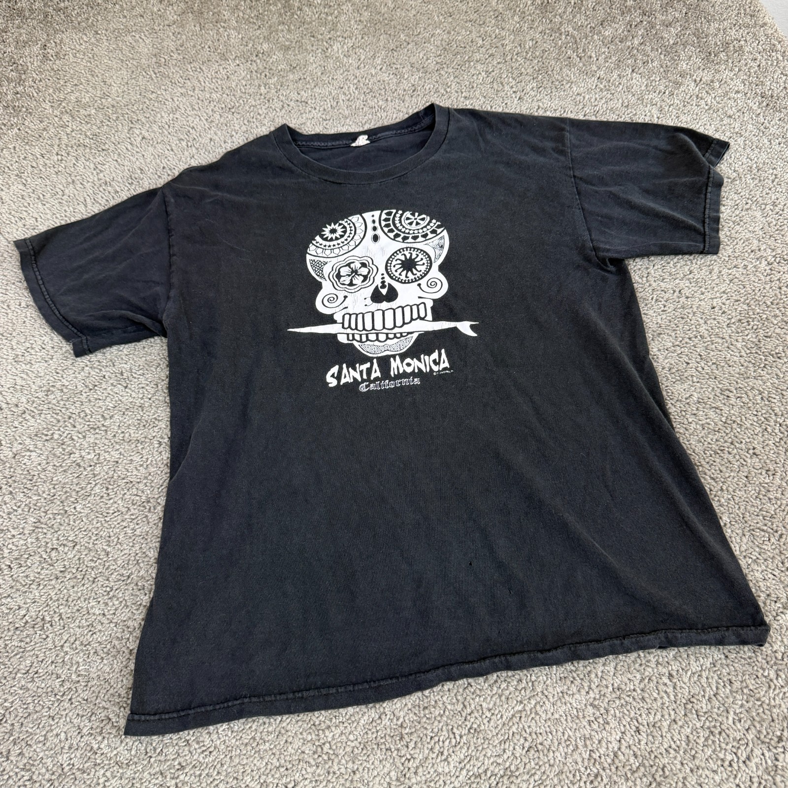 VINTAGE Santa Monica California Shirt Mens Large Black Sugar Skull Short Sleeve gallery