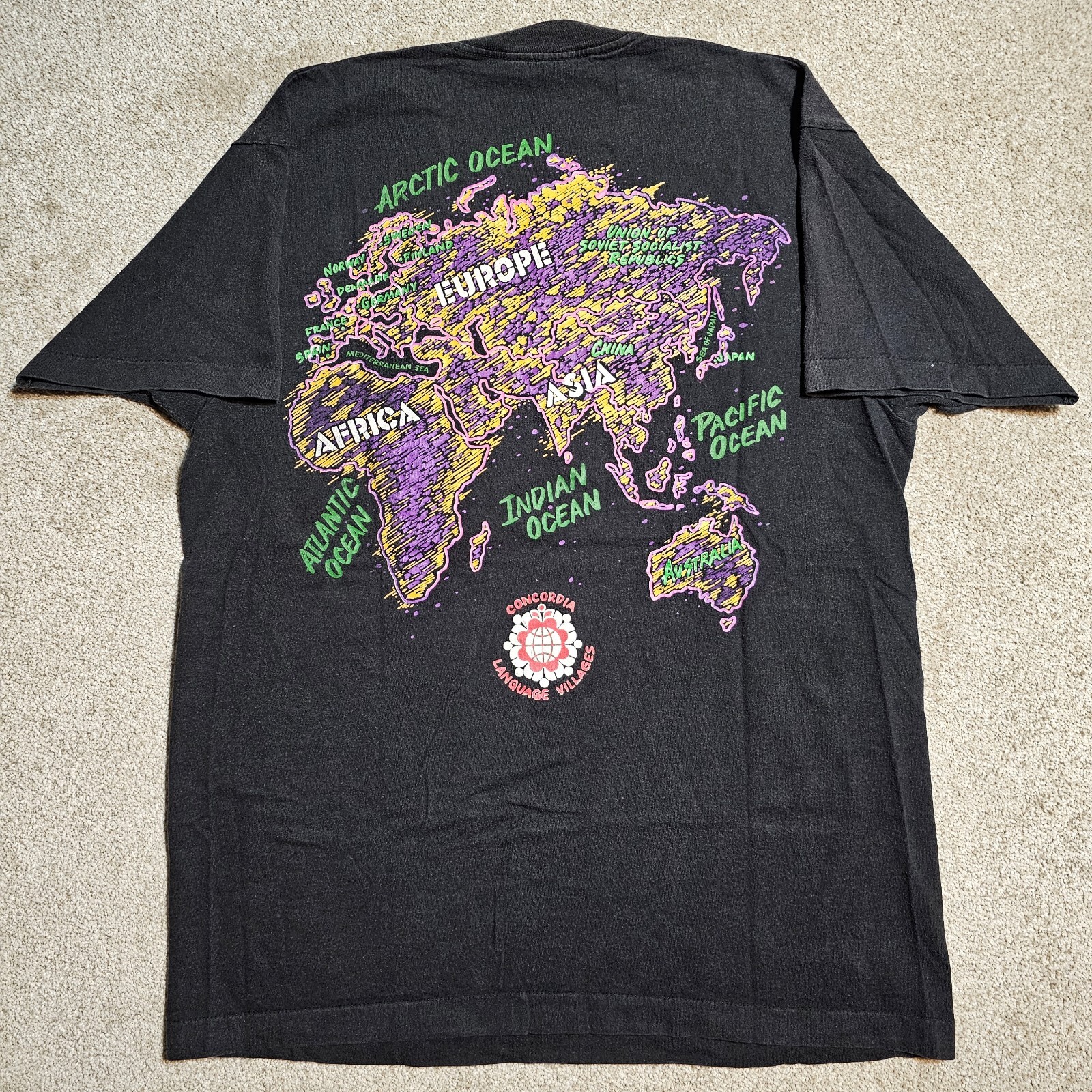 Vintage 90s World Map Camp T-Shirt Mens L Black Double Sided Neon Rave Single S gallery
