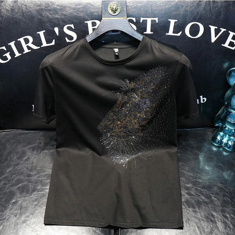 New Men Fashion Leopard Trend Hot Diamonds Rhinestones Summer Luxury T-Shirt gallery