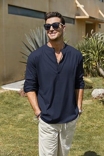 COOFANDY Men's Cotton Linen Henley T-Shirt Long Sleeve Hippie Casual Beach Blue gallery