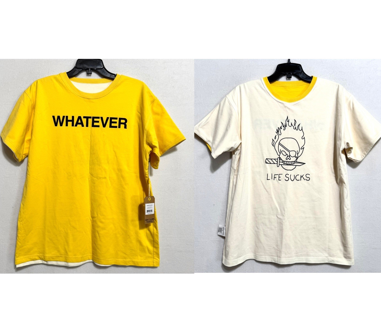 Reversible Graphic T-Shirt | “Whatever” Yellow “Life Sucks” Skull Cream Large