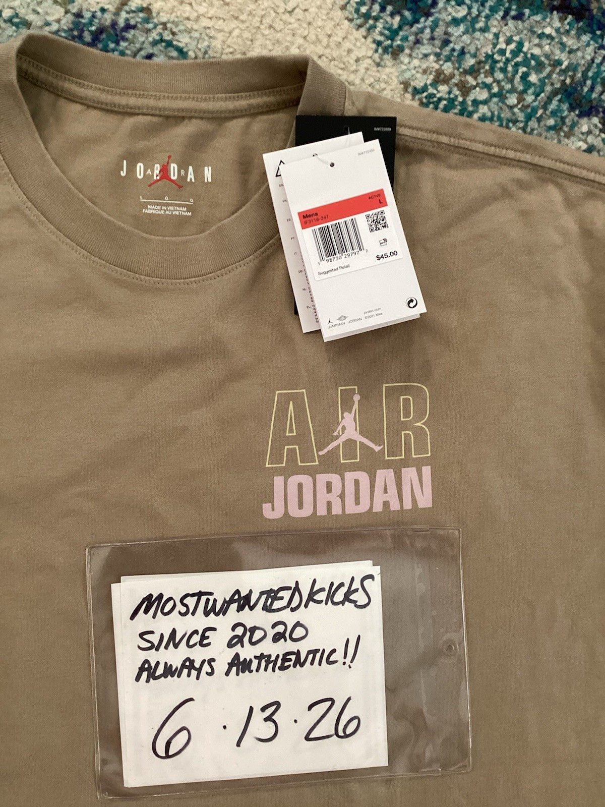 NWT Nike Air Jordan Flight Oversized T-Shirt Khaki & Iced Carmine Men’s Sz L gallery