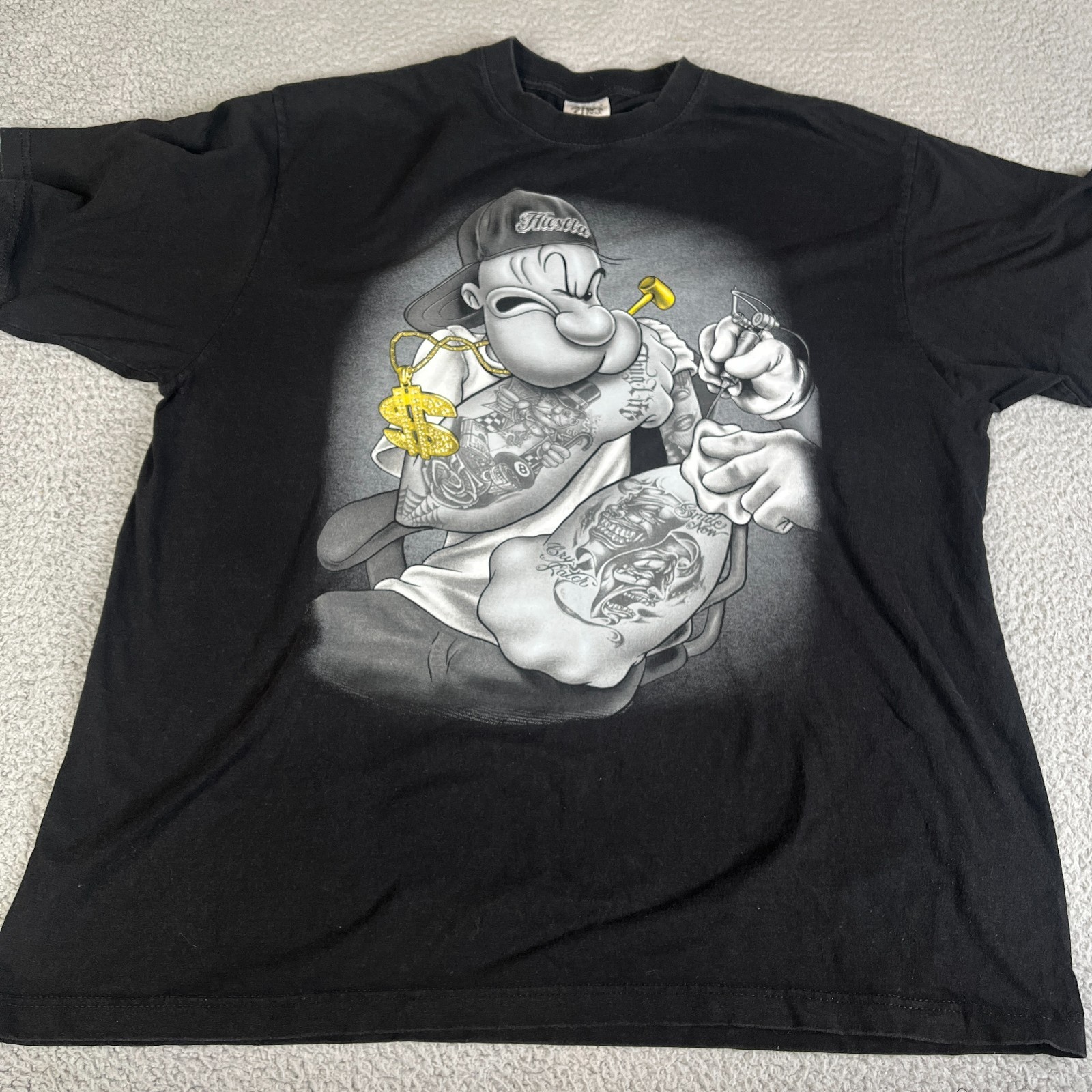 Vintage Tattoo Popeye T Shirt 2XL Black Y2K Bling Punk Emo Goth Grunge Gangster