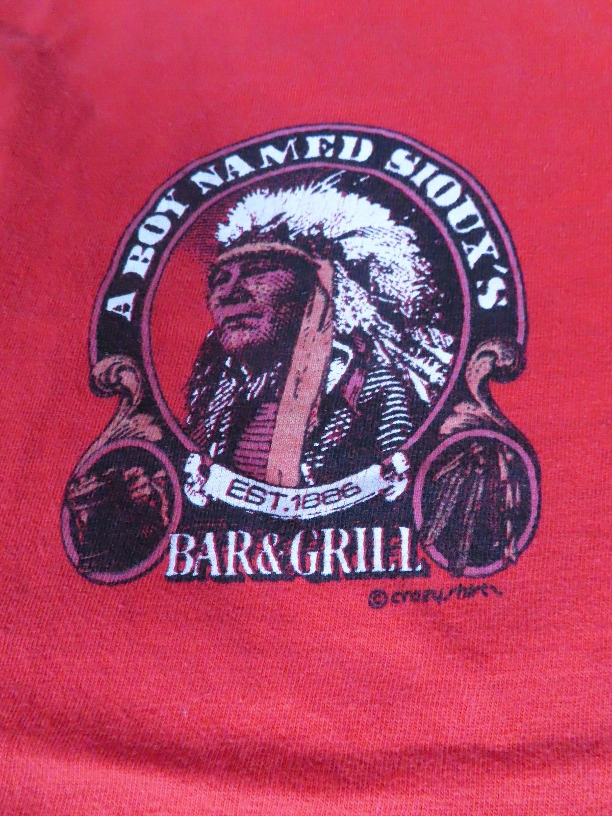 VTG A Boy Named Sioux's Bar Grill T-Shirt Size L Red Indian *READ* gallery