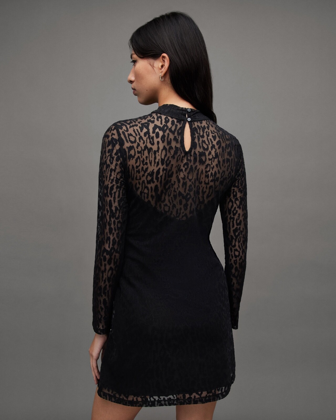All Saints Womens Leopard Print Mini Dress Hanna Anita Black Slim Long Sleeve gallery