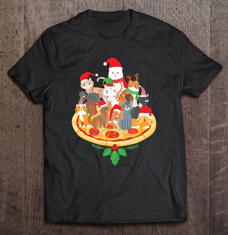 Santa Cat Pizza Santa Hat Christmas Black Men S-234XL T-Shirt