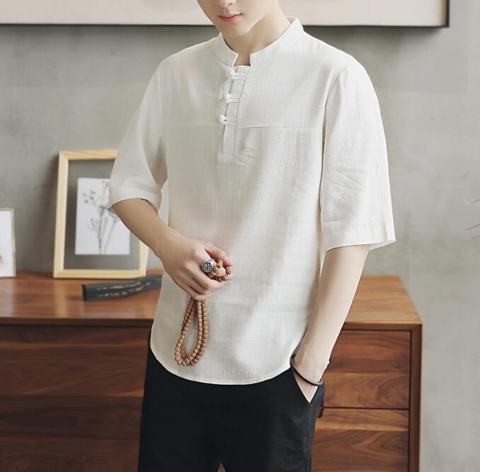 New Summer Men’s Short sleeve Tops Cotton Linen buckle T-Shirts Casual Tang Suit