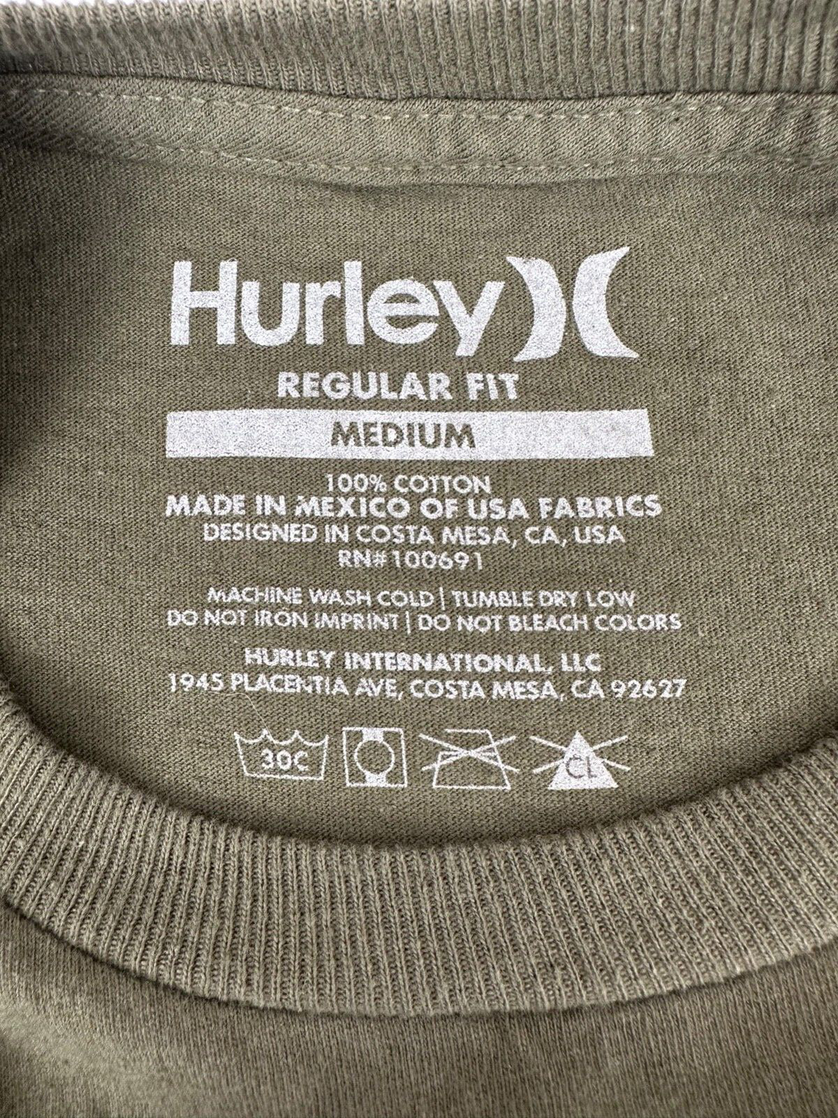 Hurley Mens M Olive Green Graphic T Shirt Yellow Logo Crew Neck Short Sleeve gallery