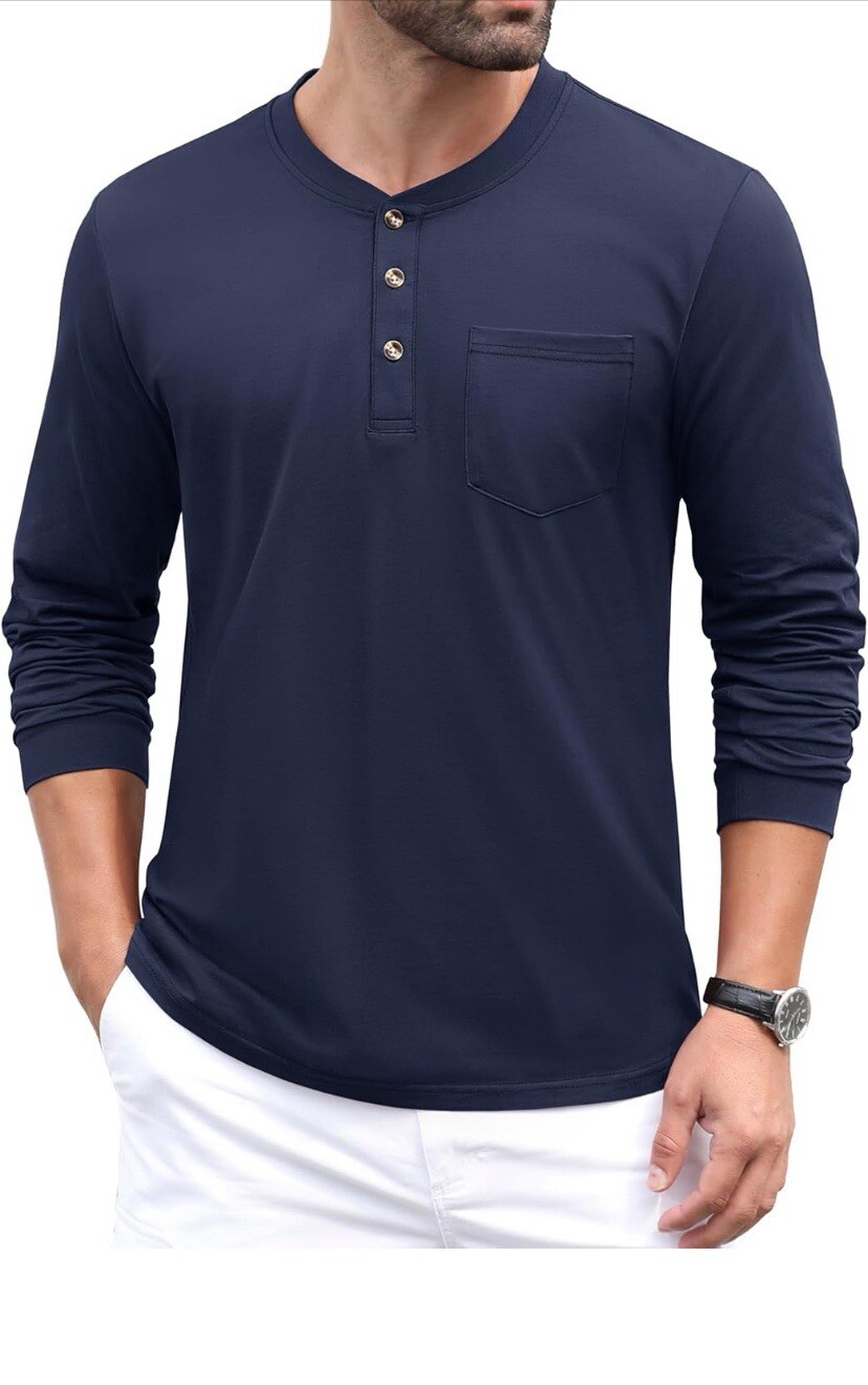 MAGCOMSEN Mens Henley Long Sleeve Casual Shirts Cotton Pocket Nevy Blue Size L