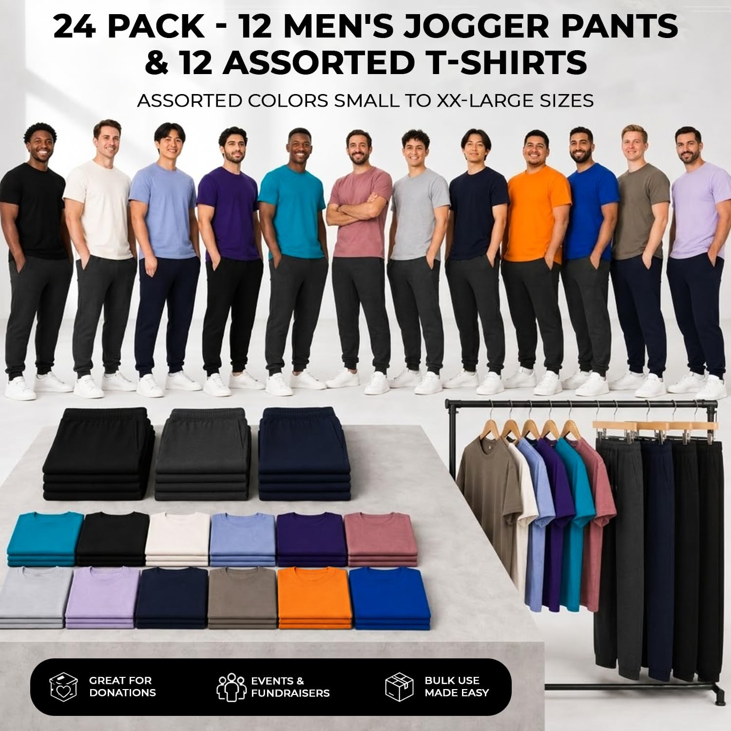 BILLIONHATS 24 Pack 12 Mens Jogger Pants & 12 Assorted T-Shirts, Bulk Wholesale gallery