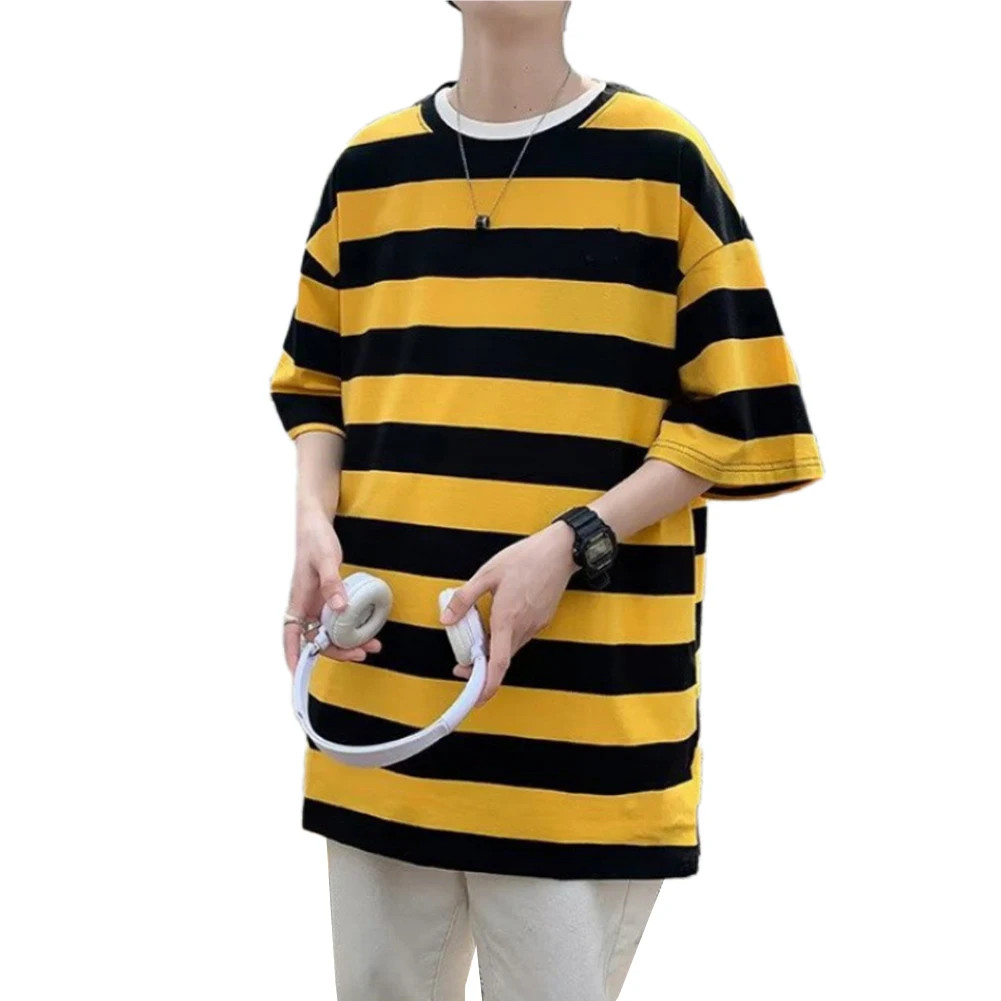 Men O Neck Short Sleeve Wide Striped T-Shirts Casual Loose Fit Blouse Tops Tee gallery