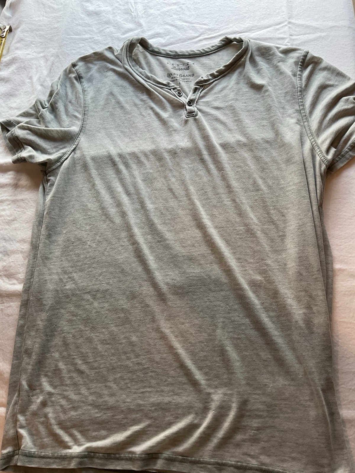 Lucky Brand Venice Burnout Gray Solid Cotton Knit Henley T-Shirt Men L Regular