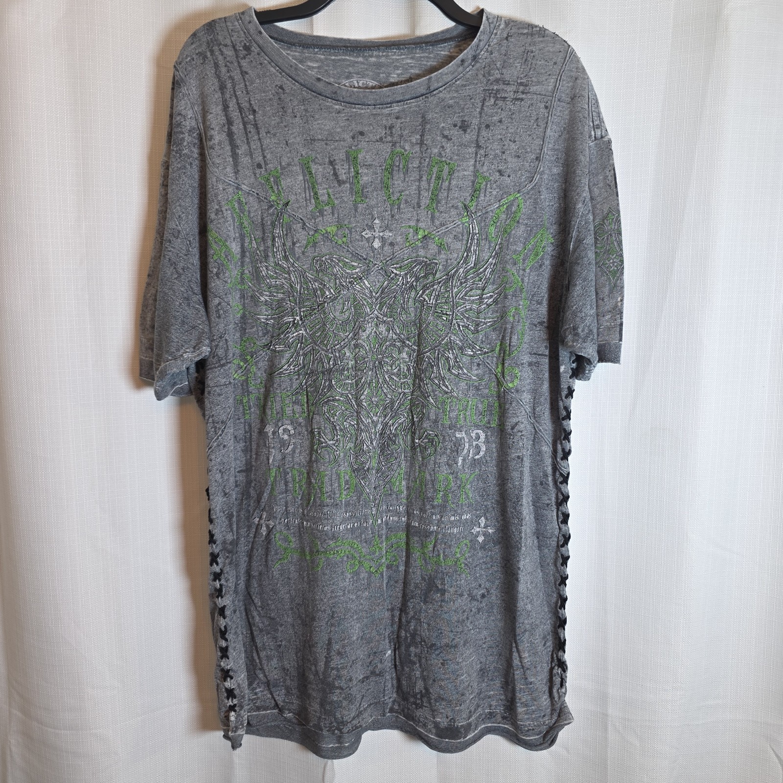 Affliction Mens T-Shirt Sz 2XL Short Sleeve Tried True Side Lace Up Crewneck