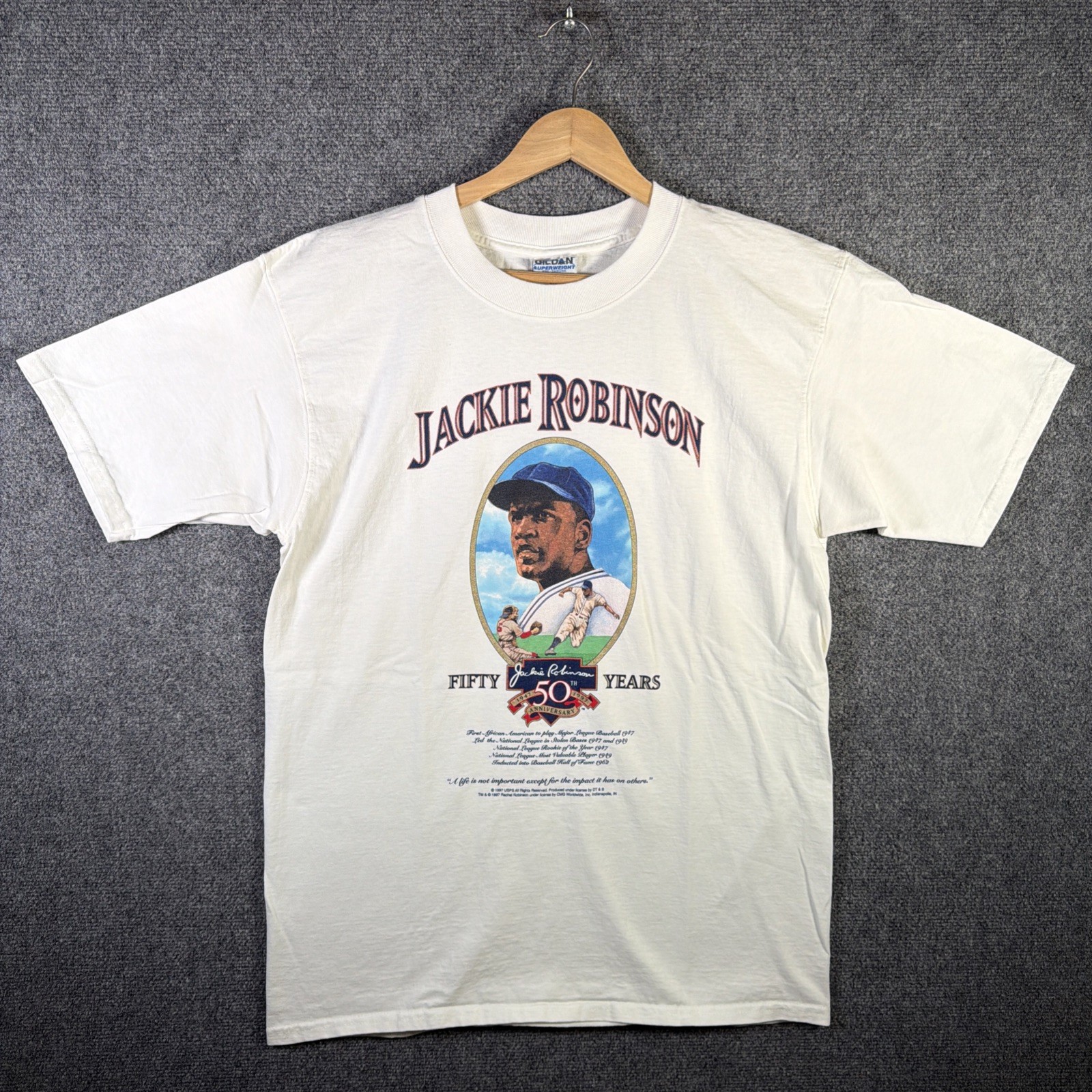 Vintage Jackie Robinson Shirt Mens Large White 90s USA Baseball MLB Fifty Years