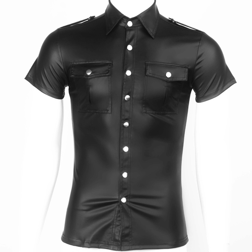 Men Black Faux Leather Short Sleeve Collared Shirt Wet Look Top Blouse gallery