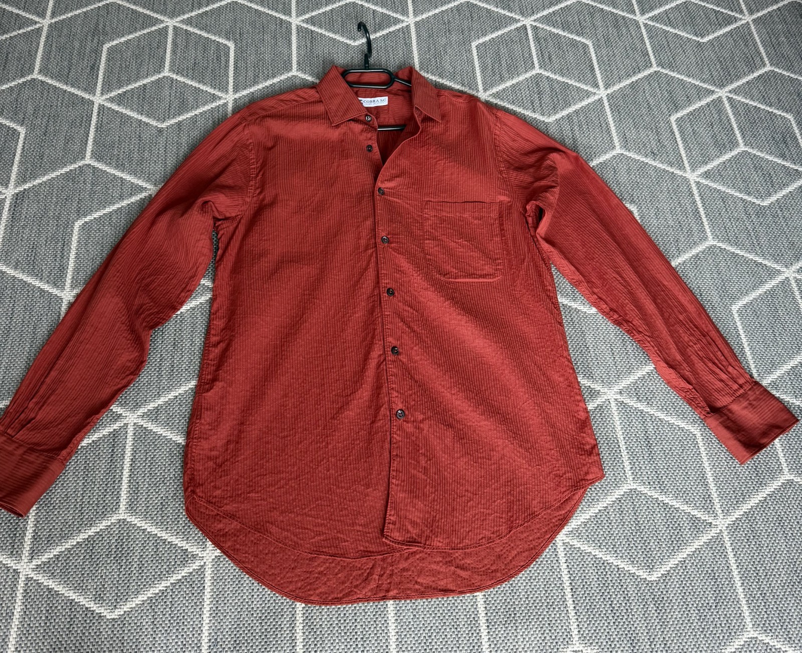 COBRA S.C. Men's Rust Red Textured 100% Cotton Long Sleeve Shirt – Made in Italy gallery