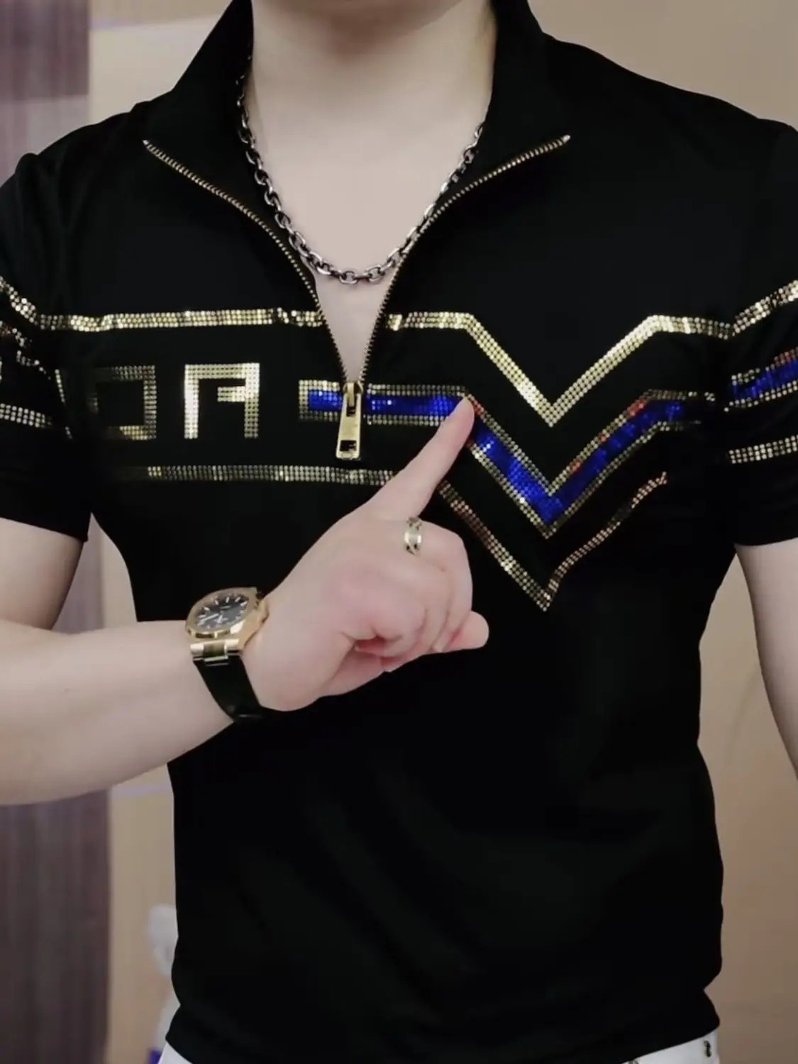 New Men Luxury Diamond Rhinestones Fashion Black Polo T-Shirt High Quality gallery