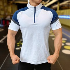 Men Fitness Running Half Zip Training Wear Summer High Elasticity Slim Fit Tee O