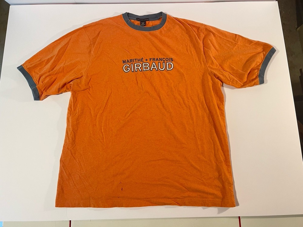 Vintage Marithe Francois Girbaud T Shirt Spellout EMBROIDERED ORANGE XL