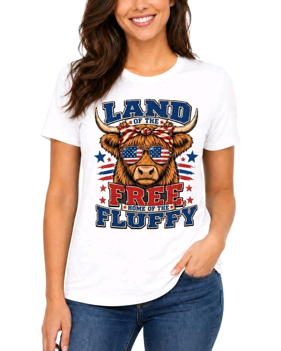 Land Of The Free Home Of The Fluffy Shirt Highland Cow 4th July Tee Gift For Her gallery