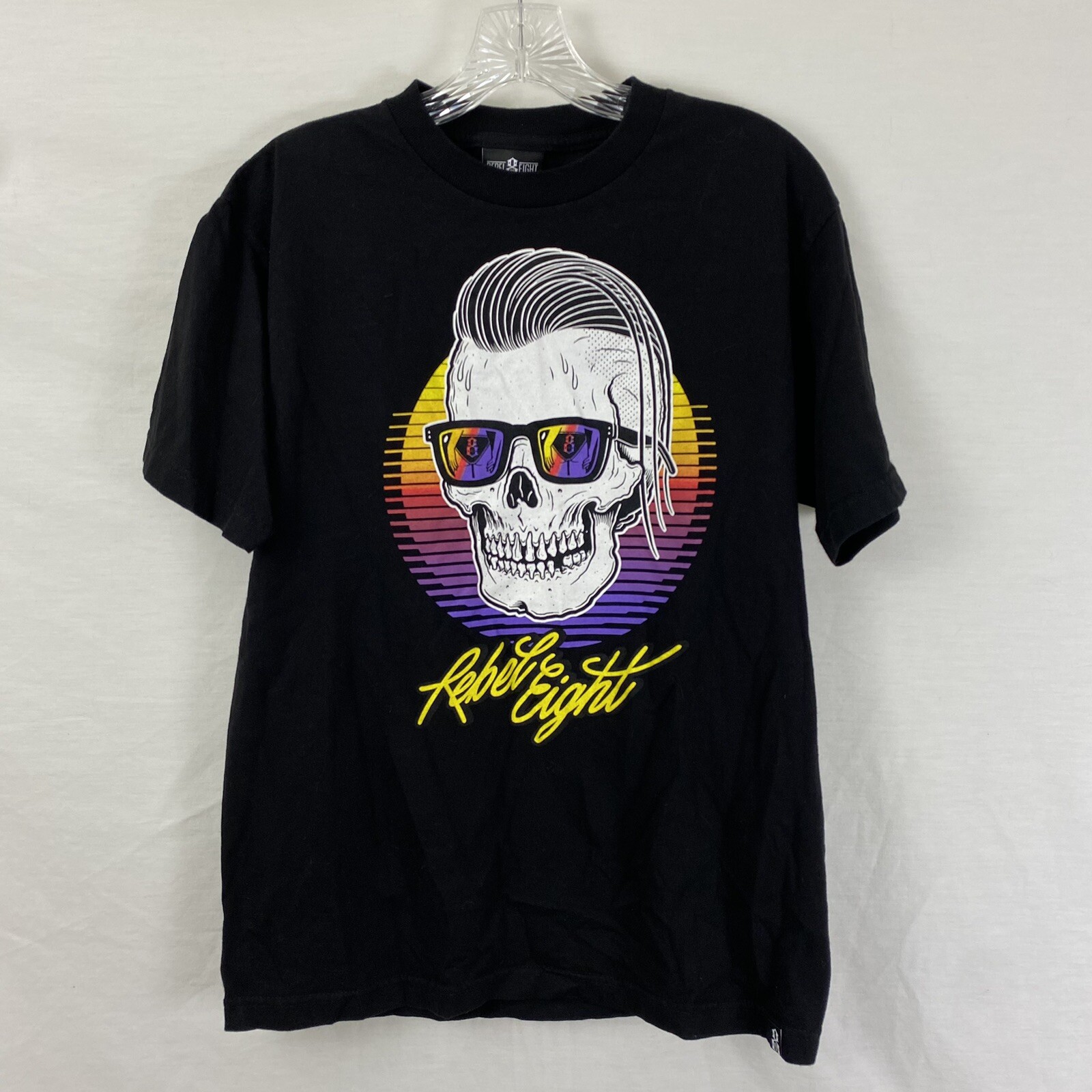 Rebel Eight T-Shirt Men’s Medium Grinning Skull Sunglasses Slick Hair S/S Black
