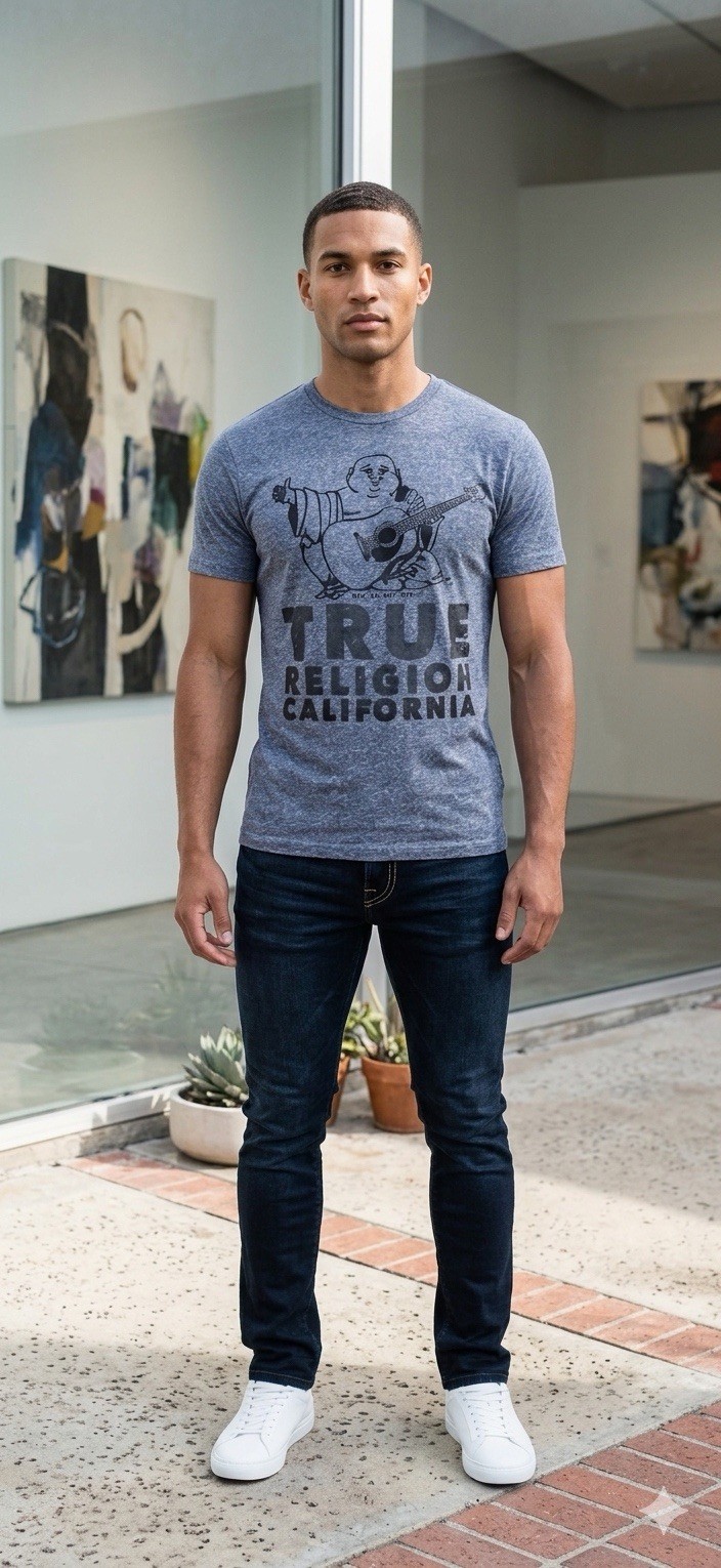 $89 TRUE RELIGION Indigo CALIFORNIA BUDDHA Short Sleeve Graphic T-shirt NWT gallery