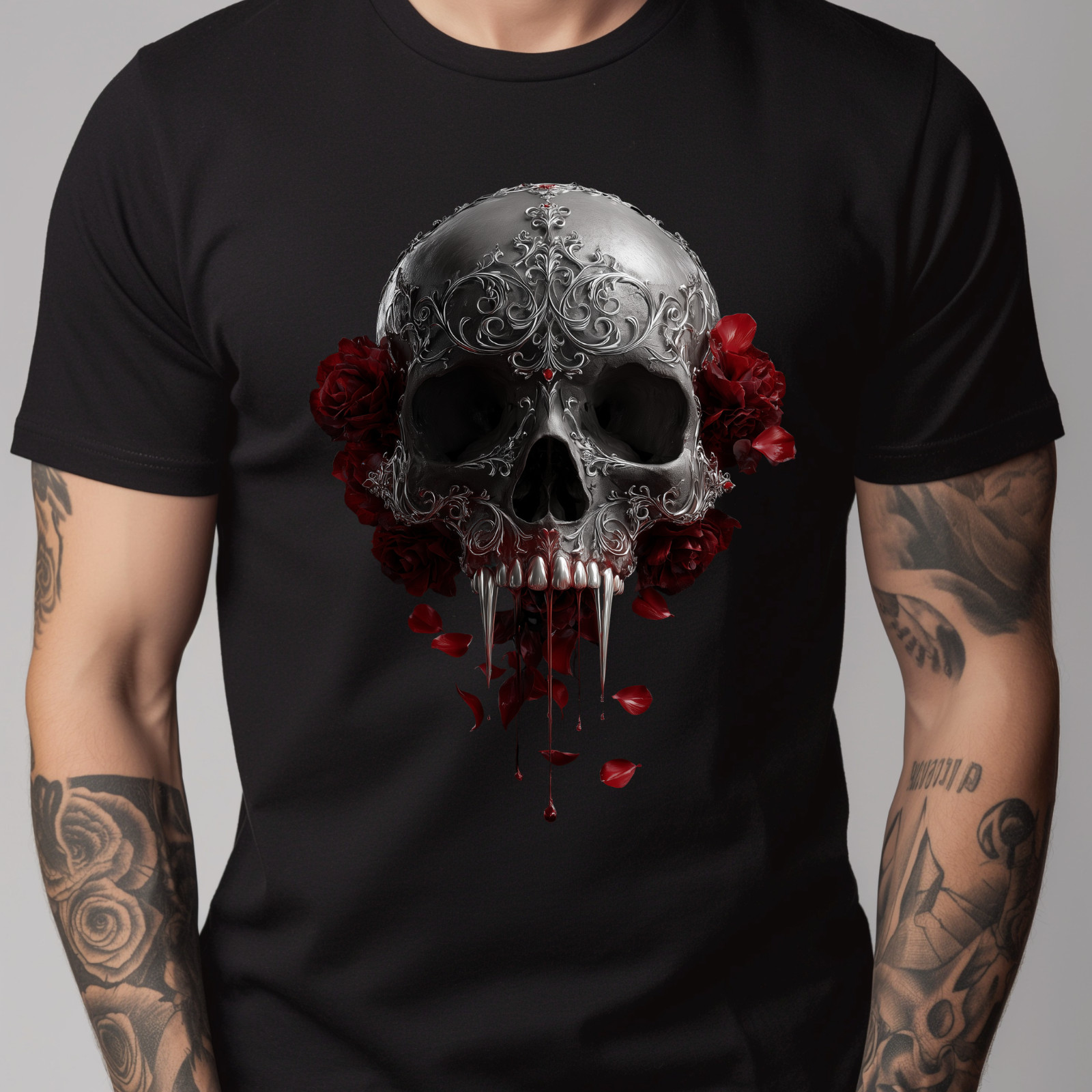Vampire Skull T-Shirt – Blood Dripping Fangs, Gothic Filigree, Dark Rose Art gallery