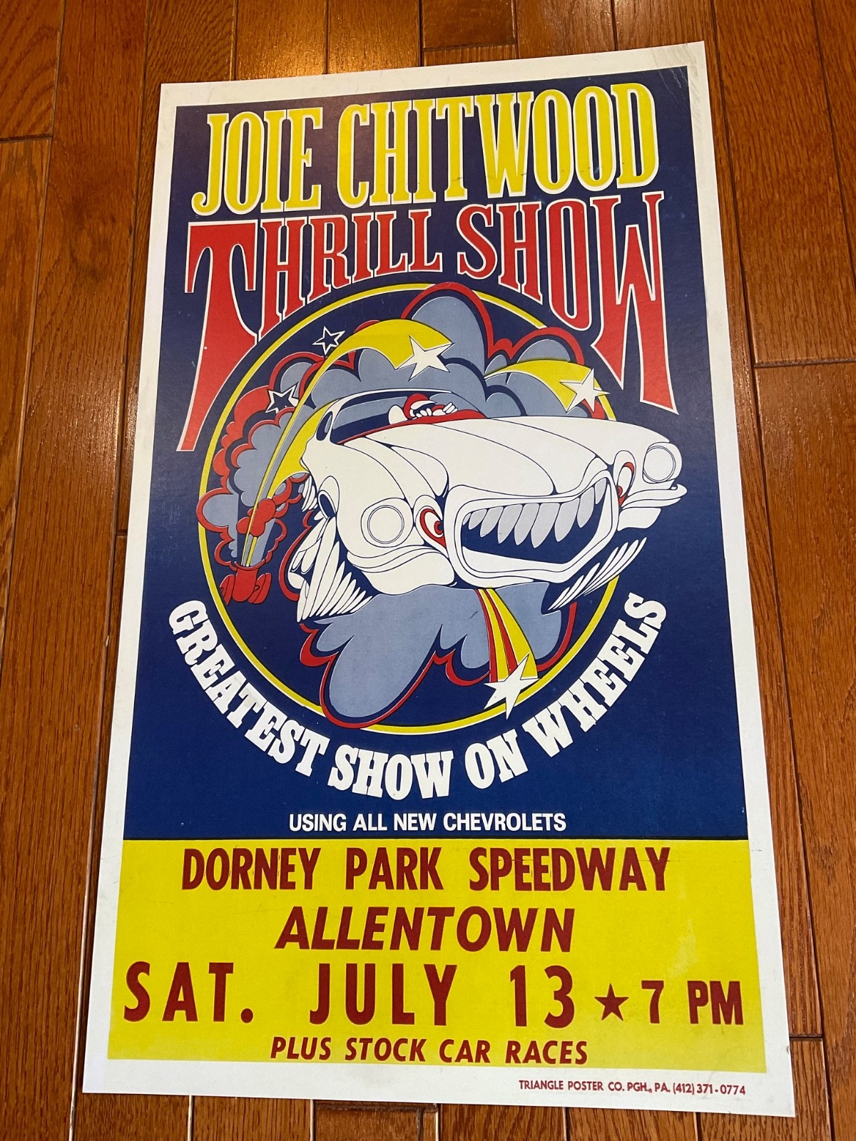 1970’s Allentown Pa. Joie Chitwood Dorney Park Speedway Stunt Show Poster Sign