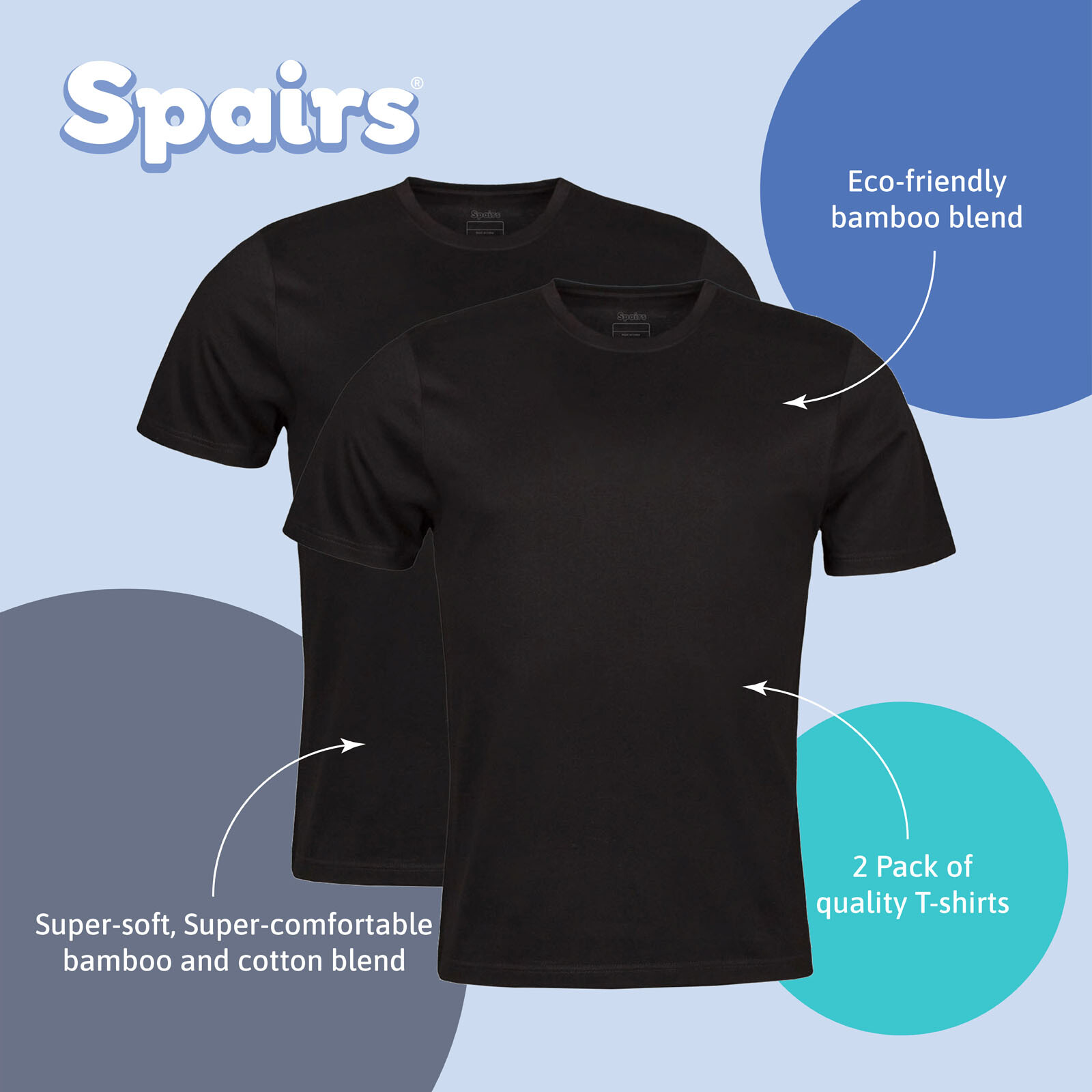 Mens T-Shirts Plain, Crew Neck, Soft Breathable Bamboo & Cotton, 2 Pack - Spairs gallery