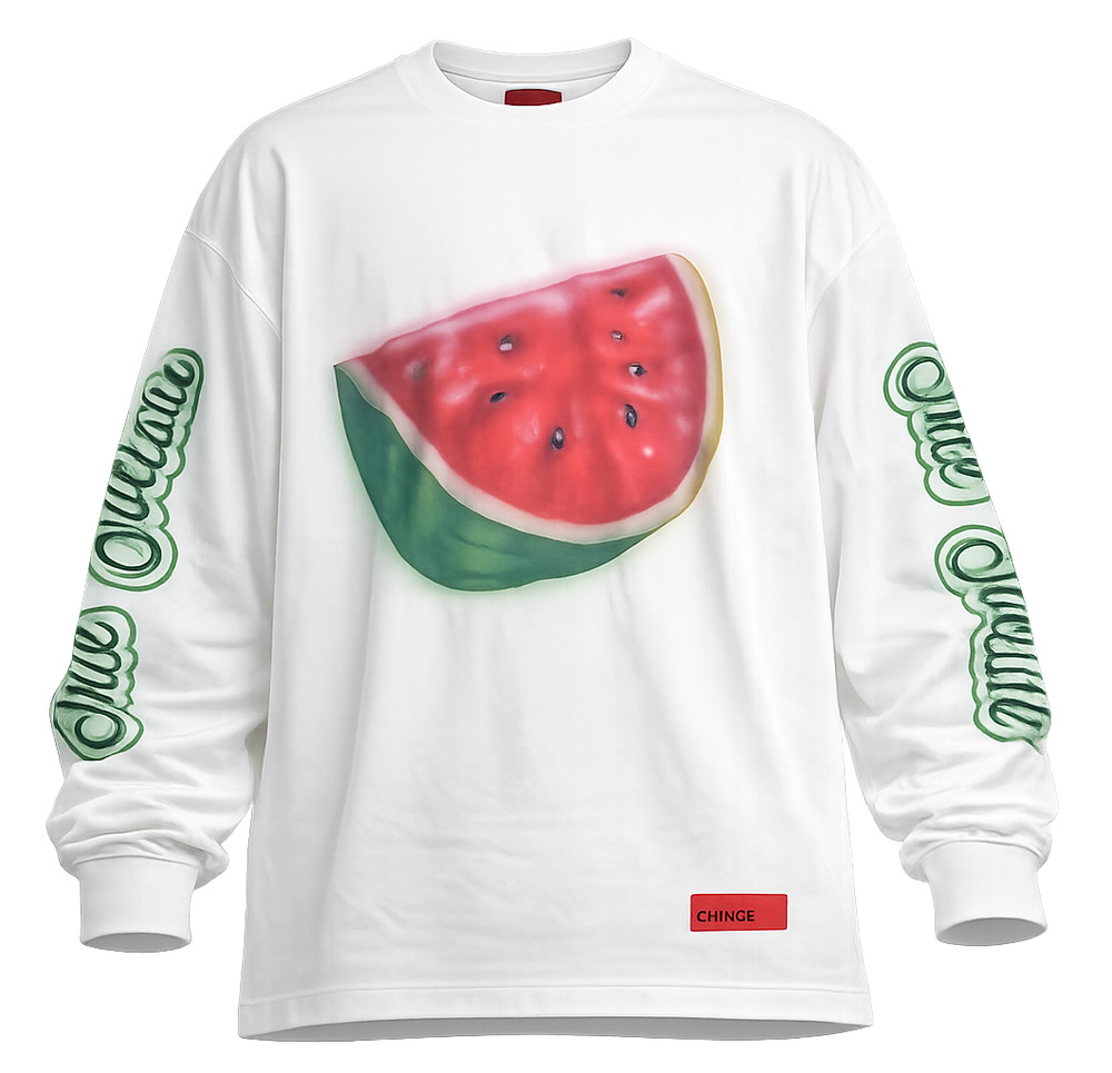CHNGE Men Free Palestine Watermelon Crew Neck Cuff Long Sleeve T-Shirt White XL