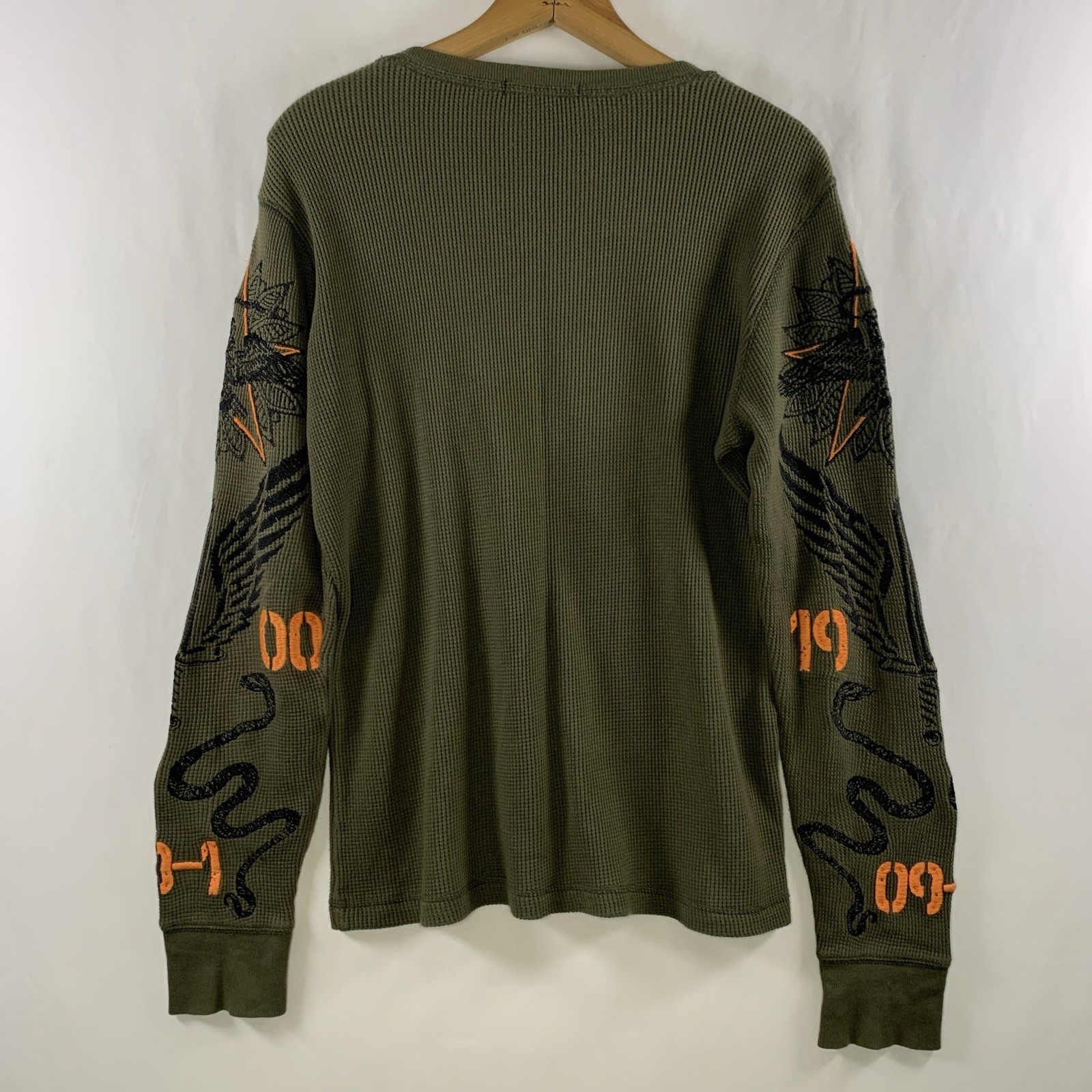 Mens Y2K Graphic Embroidered Thermal Shirt Sz S Olive Biker Grunge Rock gallery