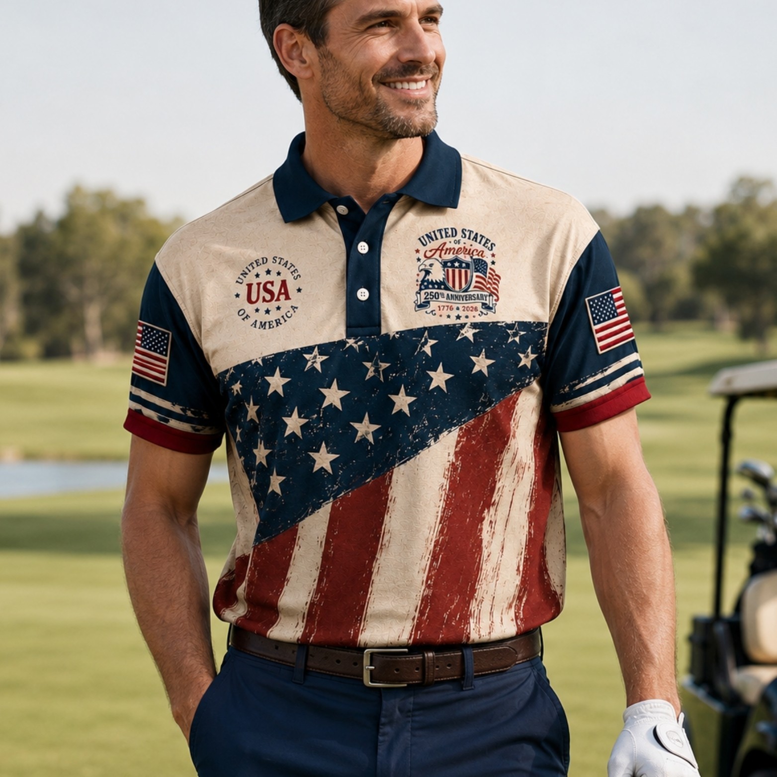 USA 250th Anniversary Golf Shirt 1776-2026 American Flag Patriotic Polo (S-5XL) gallery