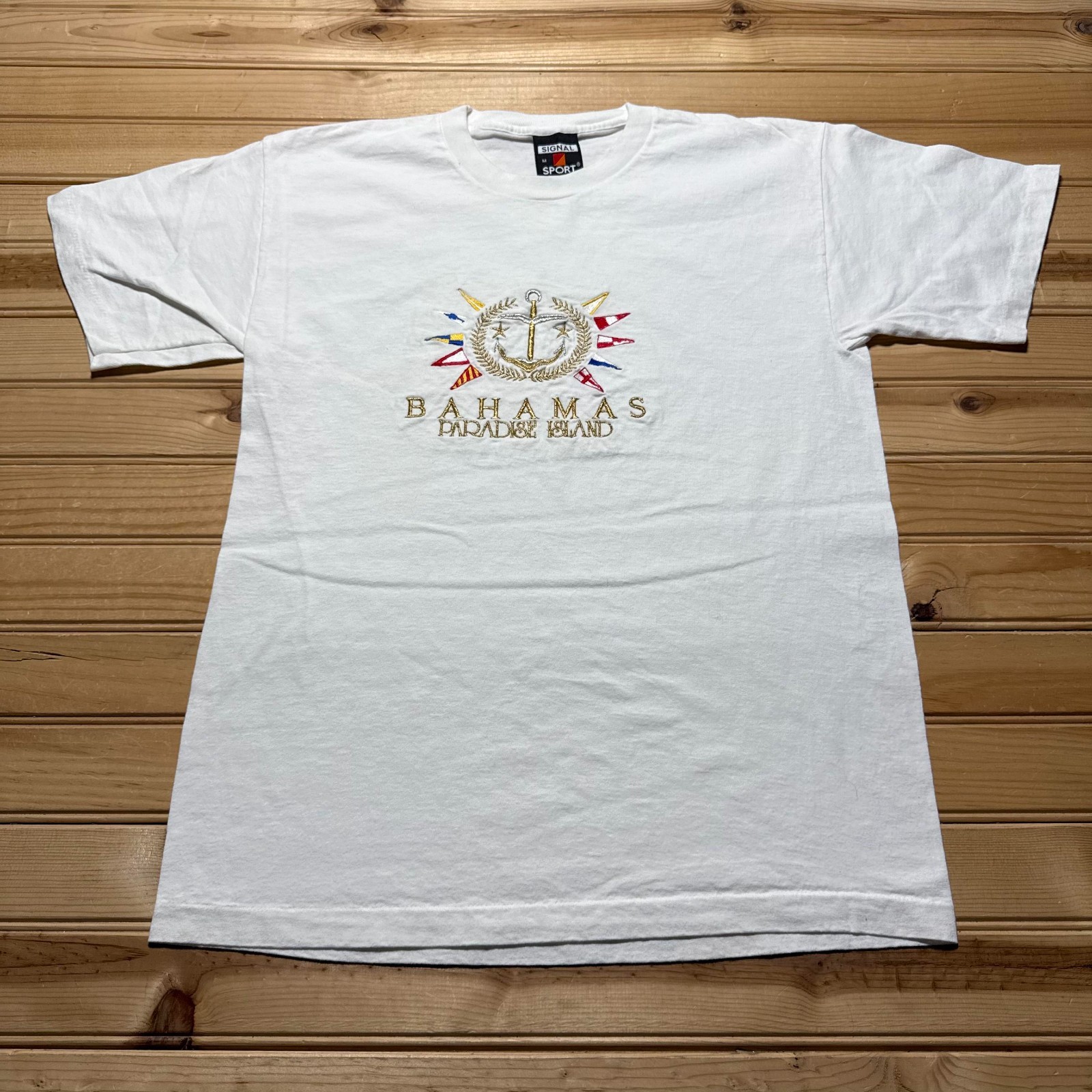 Vintage 90s Bahamas Paradise Island Embroidered Nautical Souvenir T-Shirt Medium
