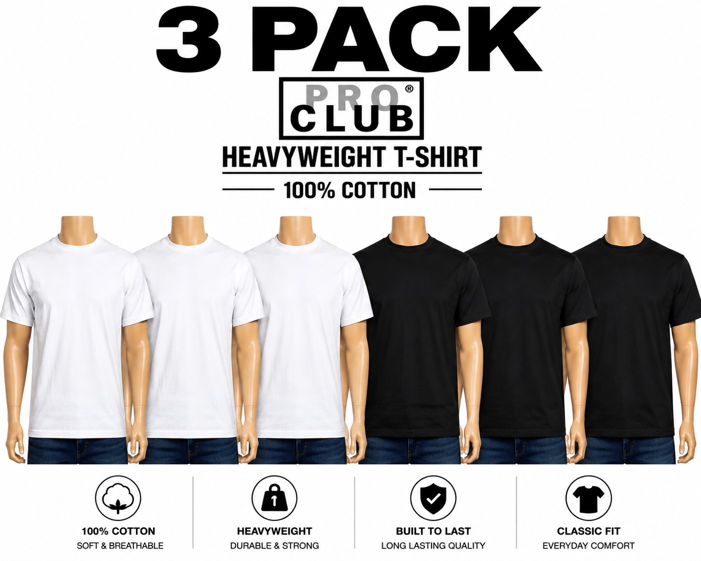 3 PRO CLUB T SHIRT HEAVYWEIGHT SHORT SLEEVE PLAIN 100% COTTON Black Or White gallery