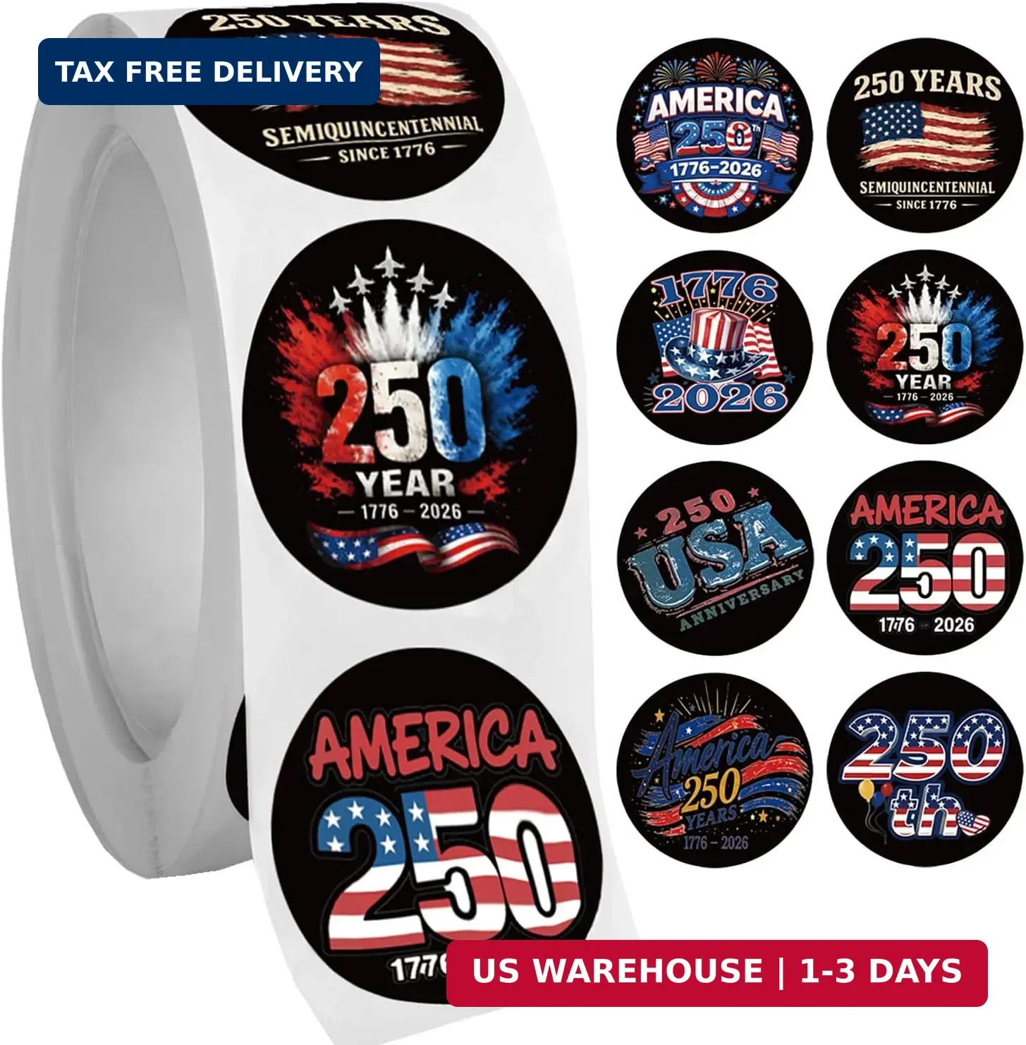 500 Pcs USA 250th Anniversary Independence Day Sticker Roll for 2026 4th of July