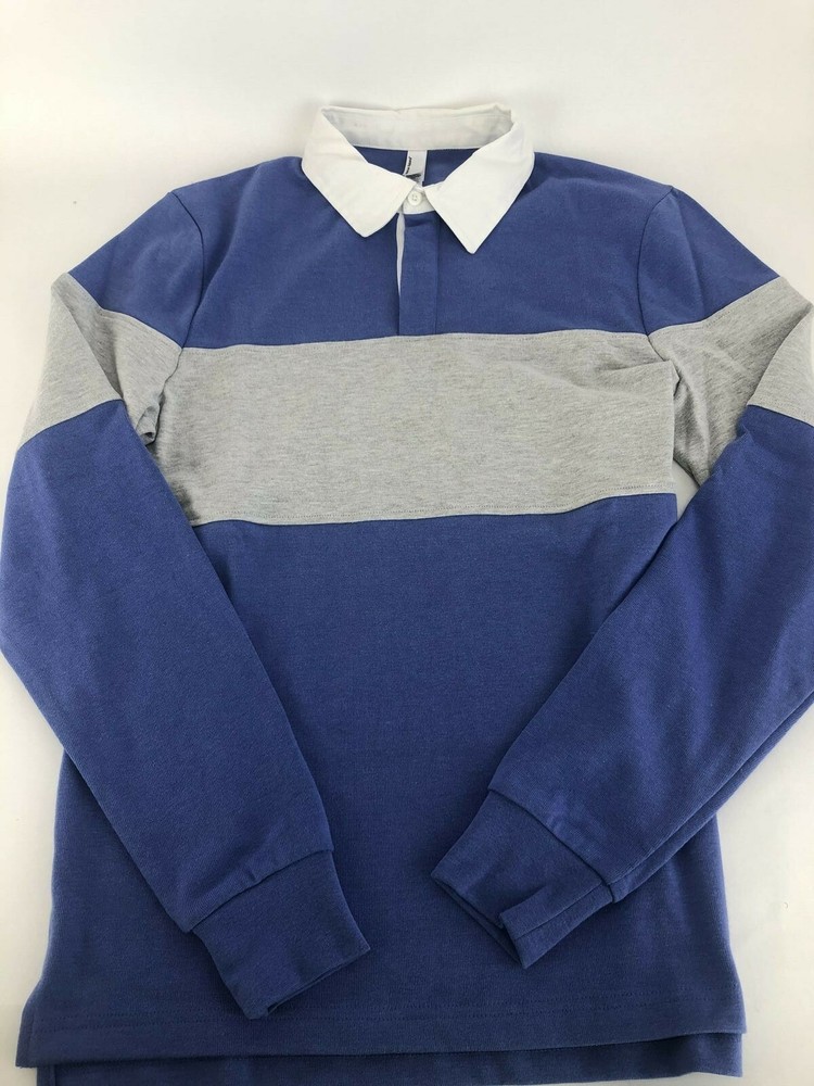 American Apparel Unisex Thick Knit Rugby Shirt, Blue Bell w/ Heather Grey, Small
