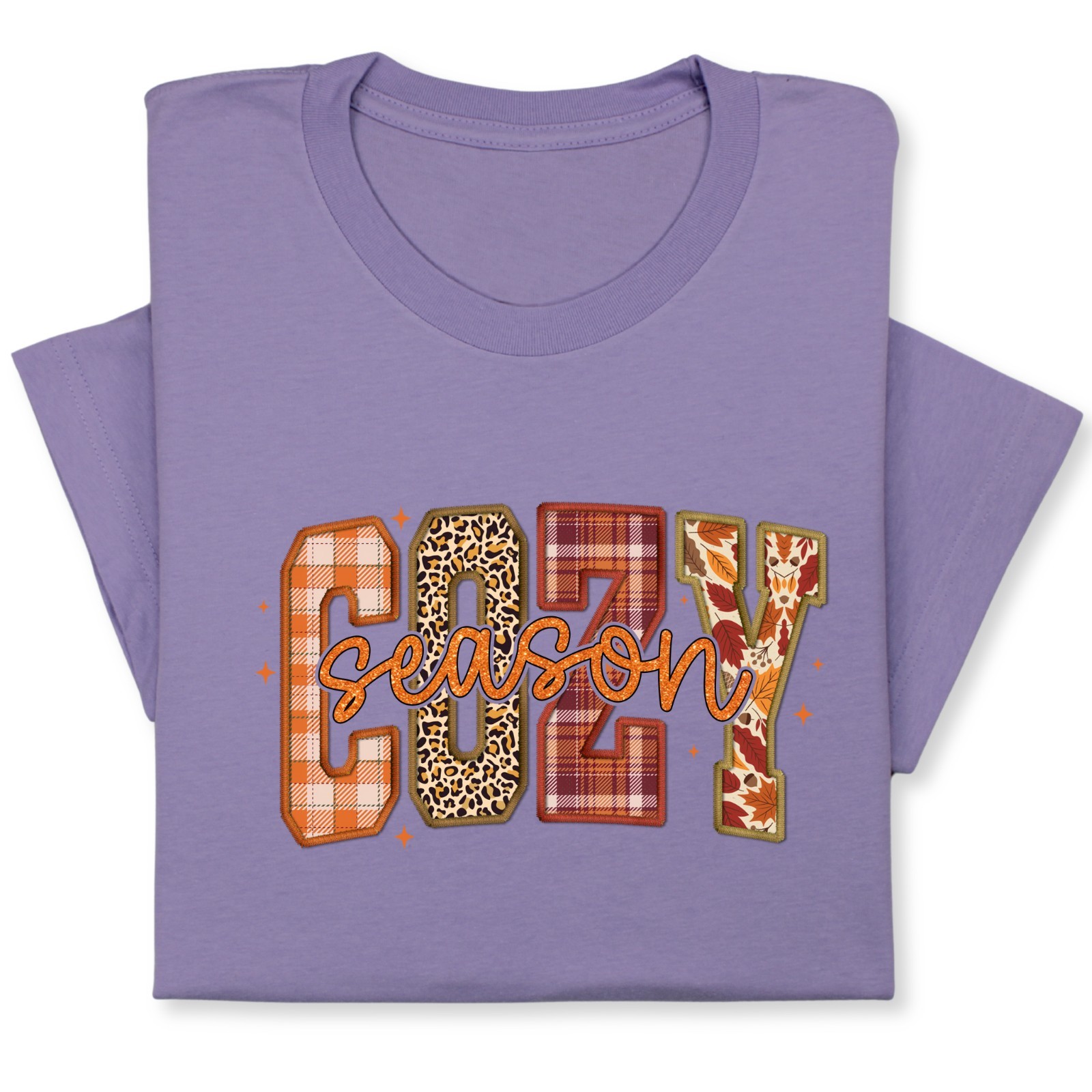 Cozy Season Fall T-Shirt – Autumn Plaid & Leopard Patchwork Tee gallery