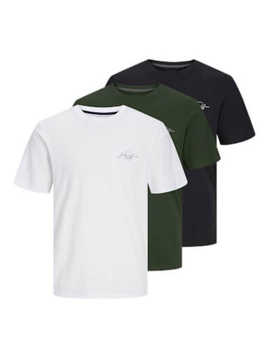 Jack & Jones 3 Pack JJFERRIS Crew Neck T-Shirts – Green/Black/White
