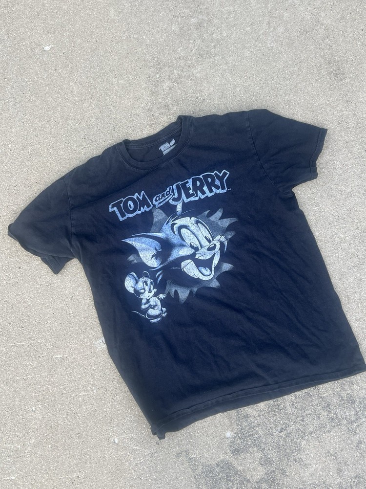 Tom and Jerry Black Graphic Print Crew Neck Cotton T-Shirt Men’s L