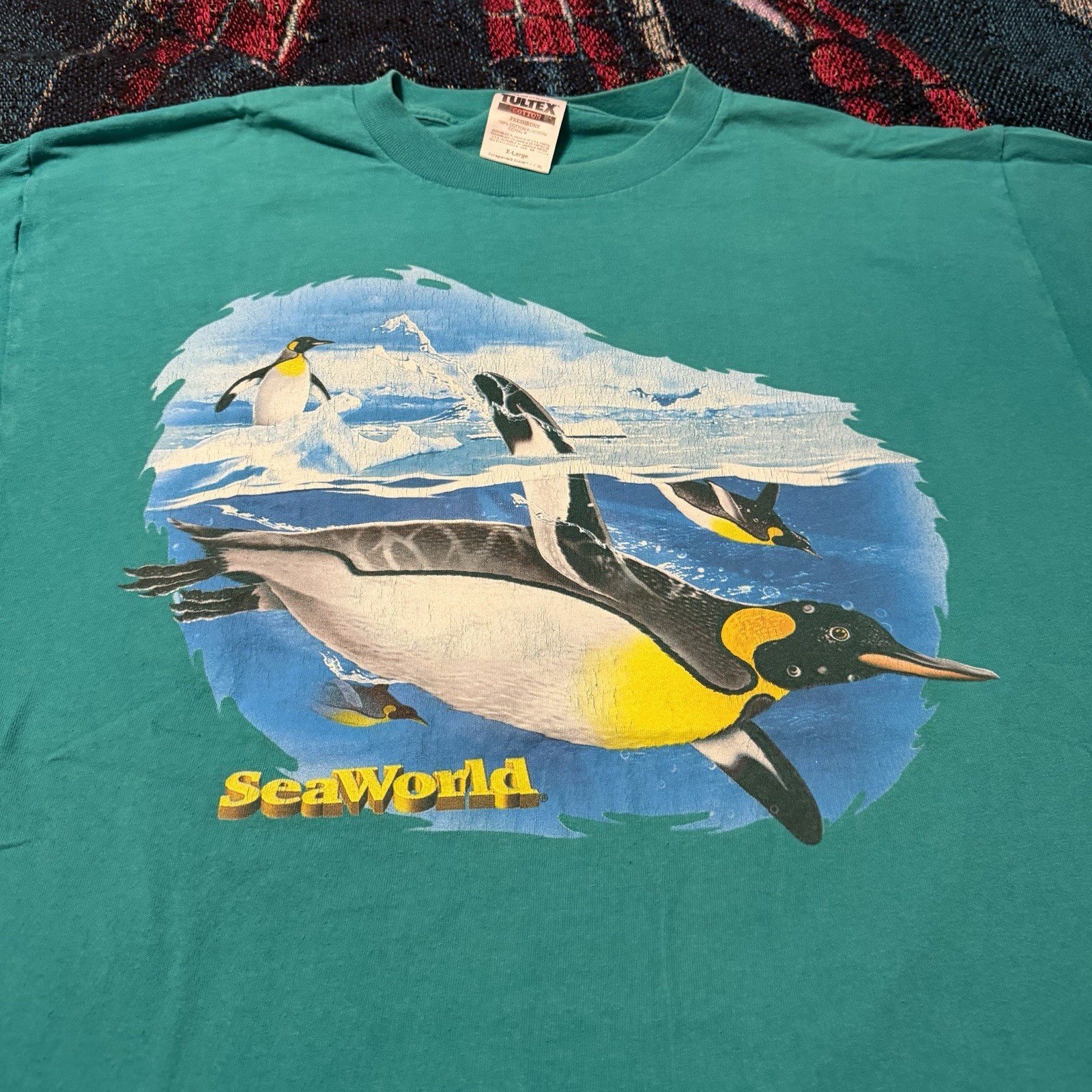 Vintage 90s Seaworld Penguins Swimming Blue Shirt Men’s XL Nature Ocean Zoo Cute