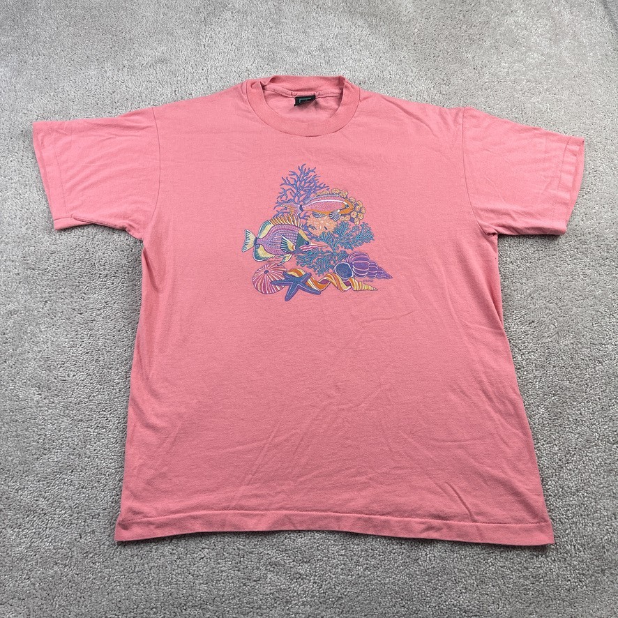 VINTAGE Islander Shirt Mens Large Pink Tropical Fish Sea Life Single Stitch USA