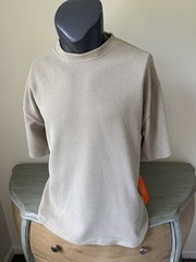 Mens Textured Rib Knit Pullover Shirt Beige Sand Boxy Minimalist Size L Khaki
