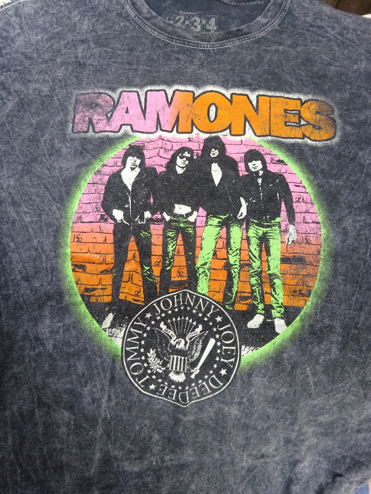 Mens Womens SZ L Ramones 1-2-3-4 Gray Marbled BRIGHT COLOR LOGO- T-Shirt