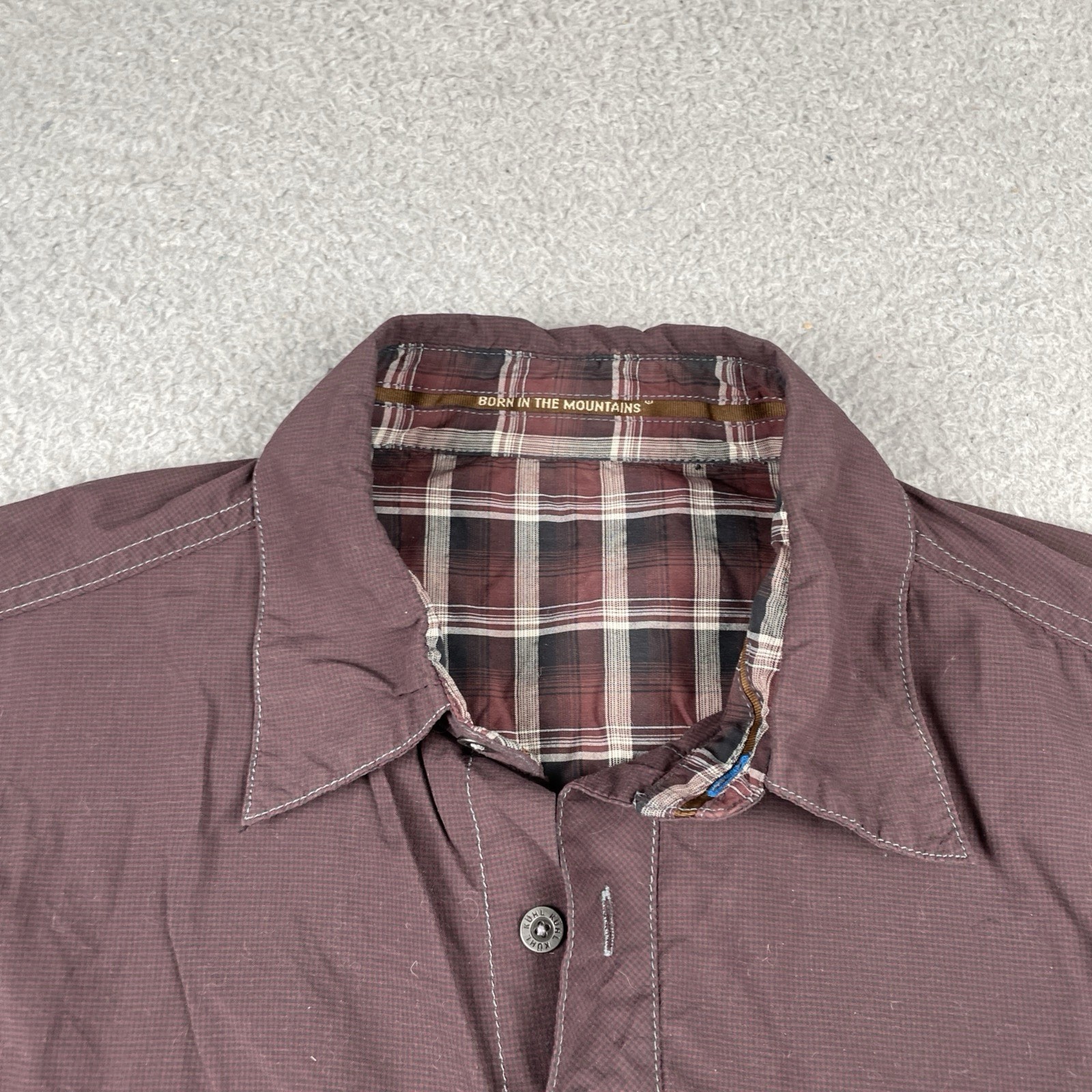 Kuhl Outdoors Button Up Pocket Adventure Shirt Micro Plaid Nylon Medium Maroon gallery