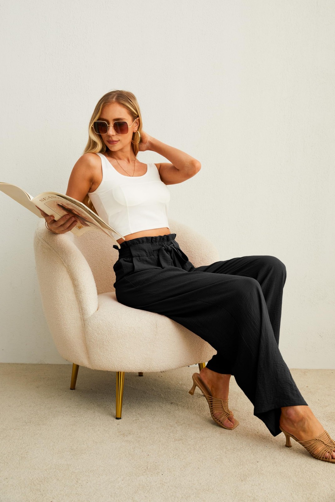 Women's Wide Leg Pants with Pockets High Waist Adjustable Knot Loose Casual T... gallery