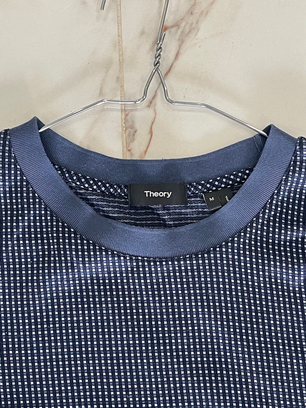 Theory Shirt Men's Medium Textured Blue Microcheck Cotton Short Sleeve Slim Fit gallery